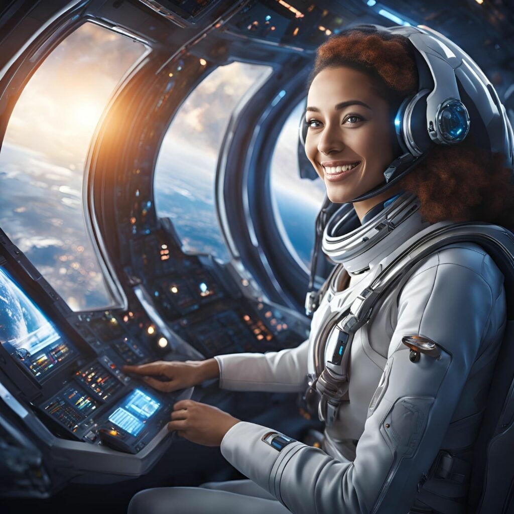 Commercial Space Pilot in the cockpit of a space ship.