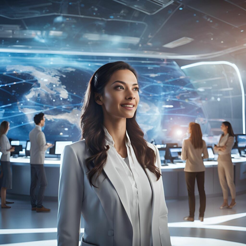 Female Space tourism operator learning what is available to visit in space.